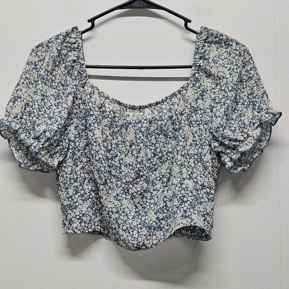 Womens Crop Top Puff Sleeves Micro Floral Smocked Back Small Dainty Cottagecore